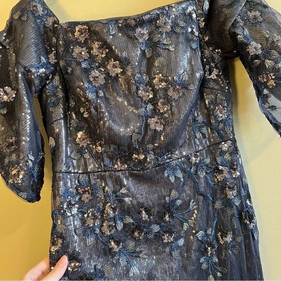 Aidan Mattox Blue Sequin Off the Shoulder Dress Gown Long 6 - Picture 5 of 15